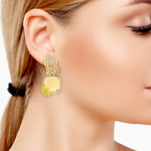 Close-up of a woman wearing gold earrings with a blurred background