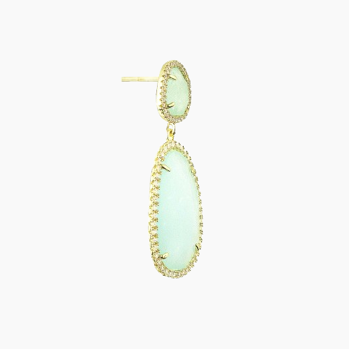 Gold earring with light green teardrop-shaped gemstone on a white background