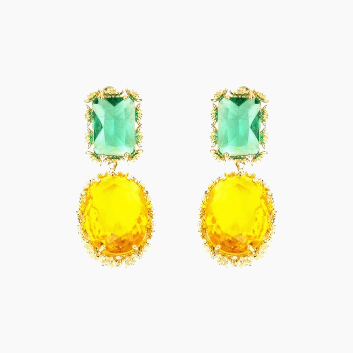 Pair of earrings with green top stones and yellow on a white background