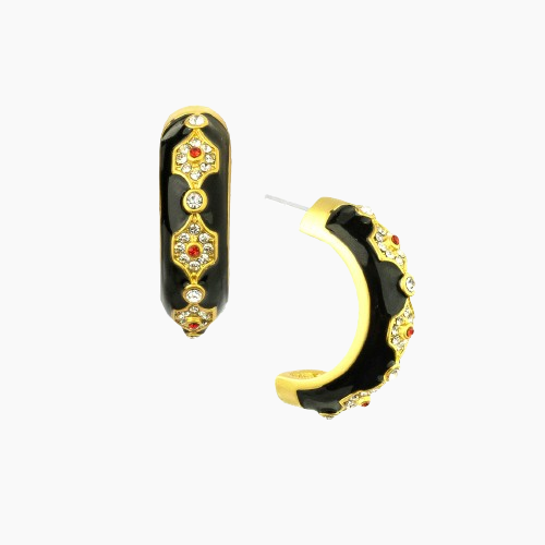 Pair of hoop earrings with black, gold, and red accents on a white background