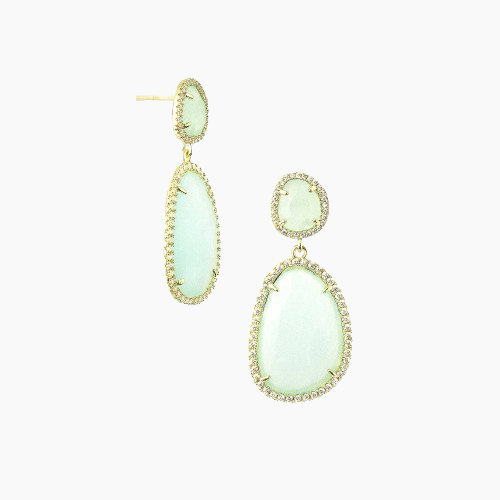 Pair of light green teardrop earrings on a white background