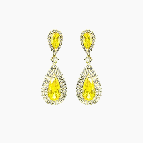 Pair of yellow teardrop earrings on a white background