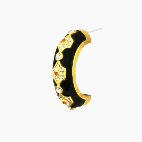 Black and gold hoop earring with gemstones on a white background