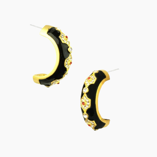 Black and gold hoop earrings with gemstone accents on a white background
