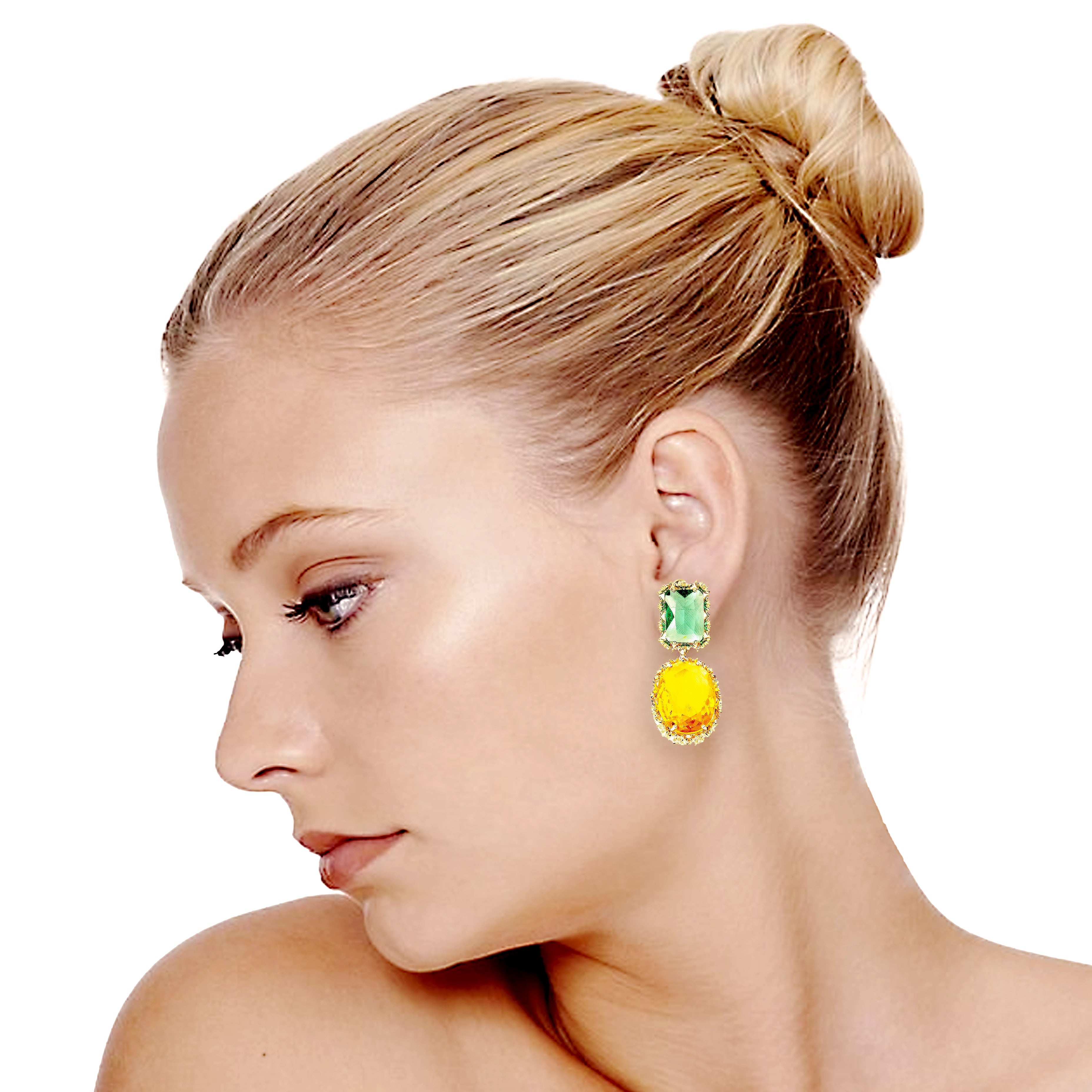 Close-up of a woman wearing colorful earrings with a plain background