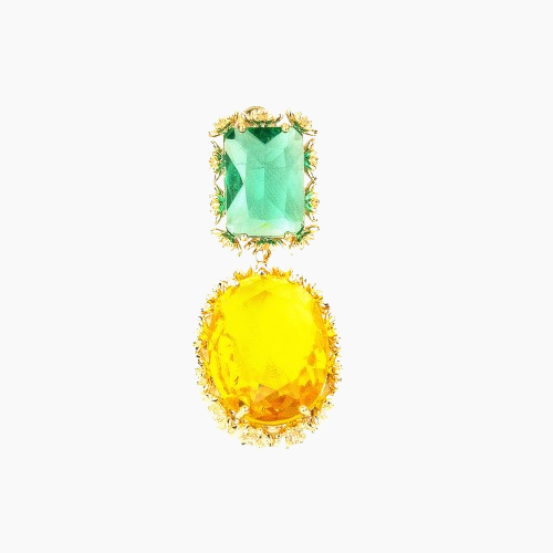 Earring with green and yellow gemstones on a white background