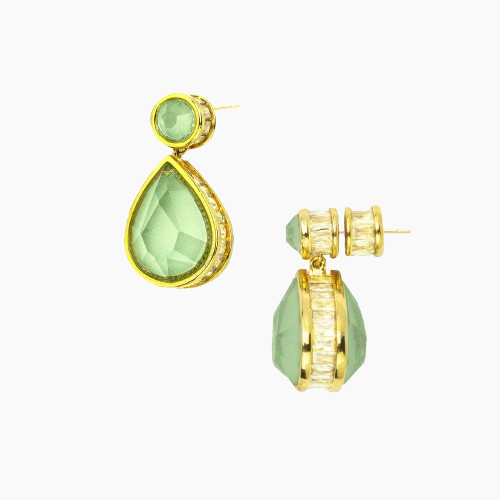 Gold and green teardrop earrings on a white background