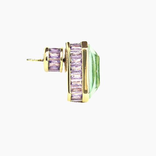 Gold earring with purple and green gemstones on a white background