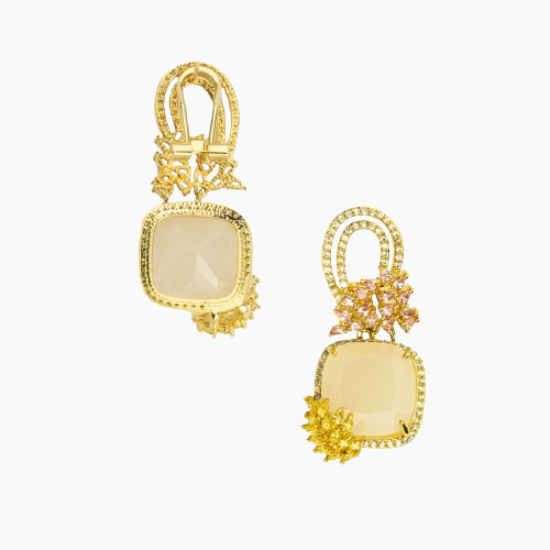 Gold earrings with beige stones on a white background
