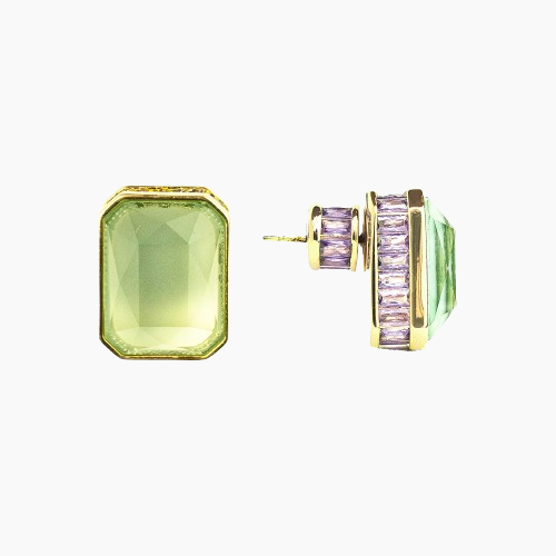 Gold earrings with green and purple gemstones on a white background