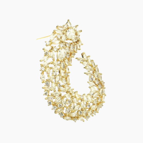Gold hoop earrings with clear gemstones on a white background