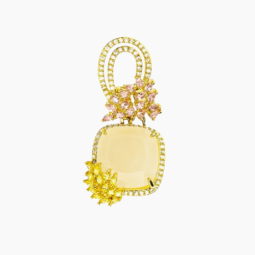 Gold pendant with yellow and pink gemstones on a white background