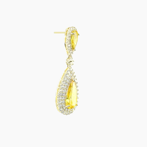 Gold teardrop earring with yellow gemstone on a white background