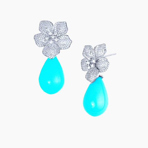 Pair of earrings with floral designs and turquoise drops on a white background