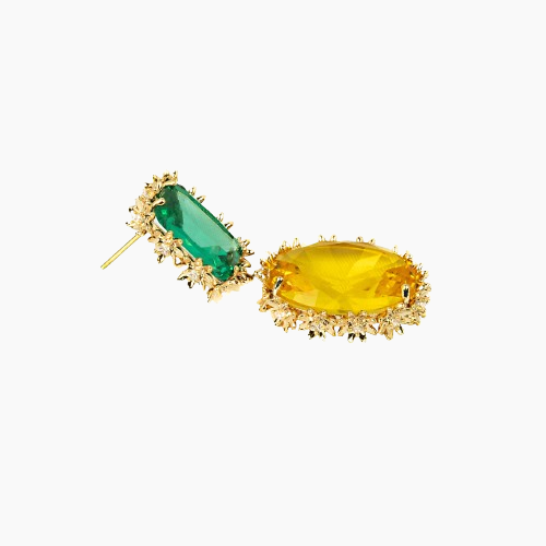 Pair of earrings with green and yellow gemstones on a white background