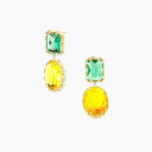 Pair of earrings with green and yellow gemstones on a white background