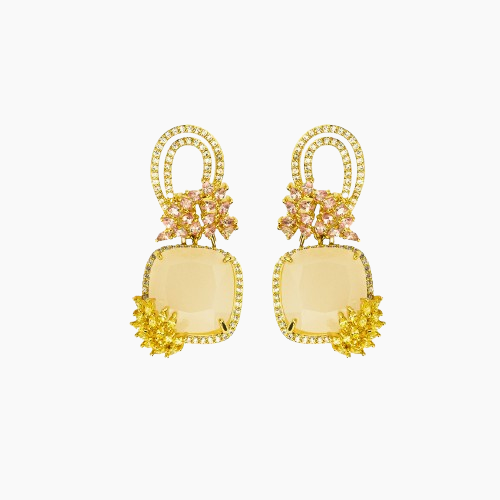 Pair of gold earrings with yellow gemstones on a white background