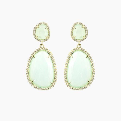 Pair of light green earrings with gold frames on a white background