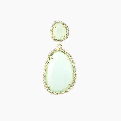 Pair of light green teardrop earrings on a white background