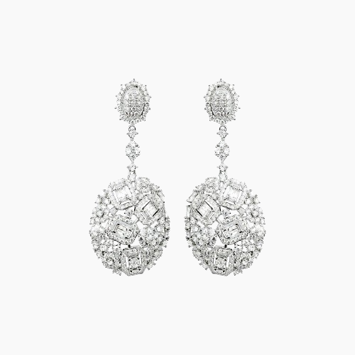 Pair of silver earrings with clear gemstones on a white background