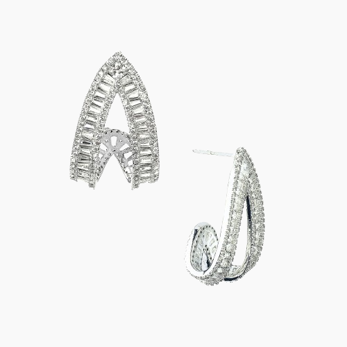Pair of silver hoop earrings with clear gemstones on a white background