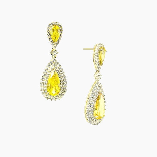 Pair of yellow teardrop earrings with gold accents on a white background